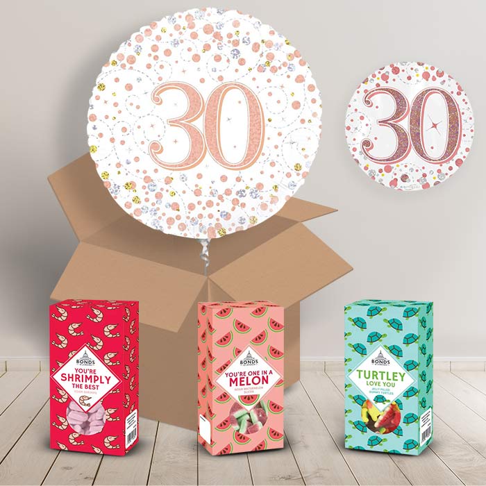 30th Birthday Sweet Box and Inflated Helium Balloon Gift Package in Rose Gold image 2